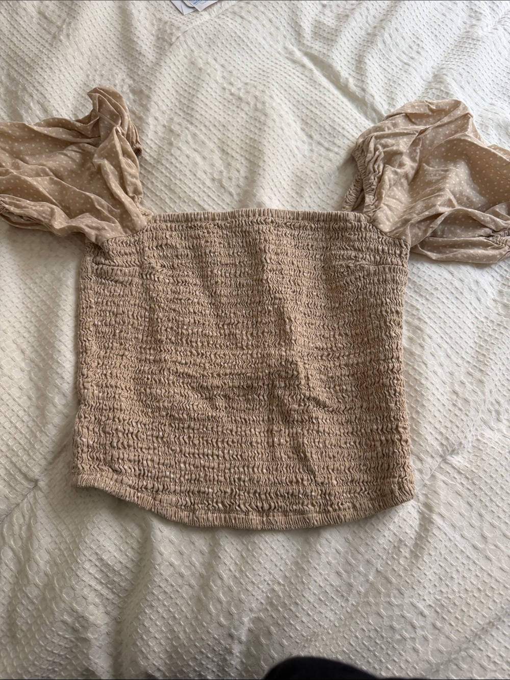 Abercrombie & Fitch Beige Smocked Off-Shoulder Crop Top with Puff Dot Sleeves